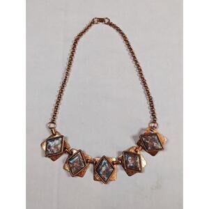Vintage Necklace Copper Glitter Confetti Lucite Acrylic Metal Link Panel vtg
